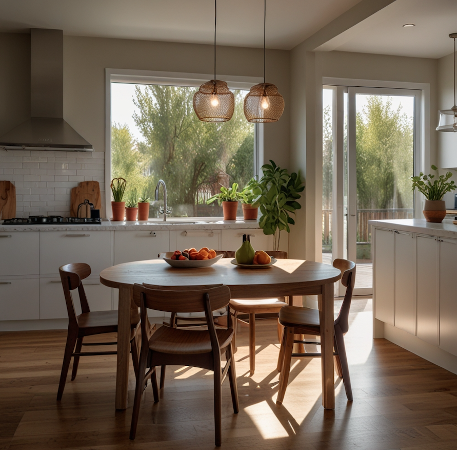 Dining area of a minimalist kitchen with bigger windows for outside view